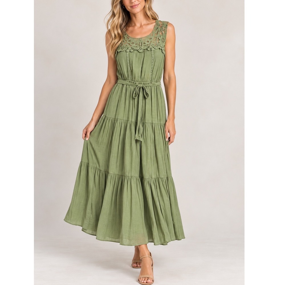 Figueroa & Flower Womens L Olive Green Lace Tiered Maxi Dress Boho Sleeveless